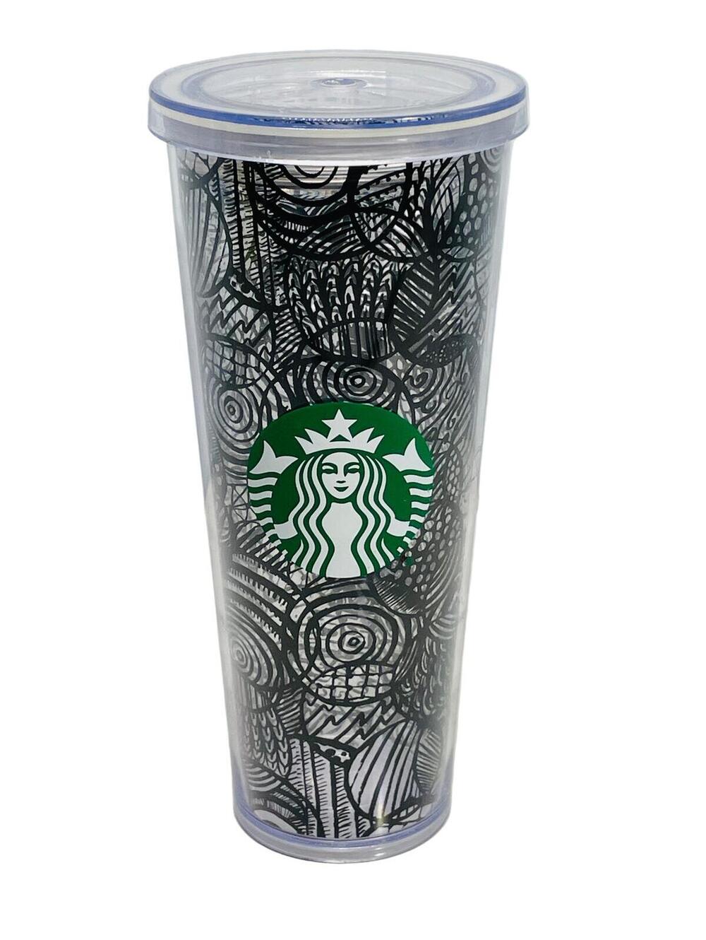 2014 Starbucks Black and White Patterned Tumbler with Clear Lid 24 oz